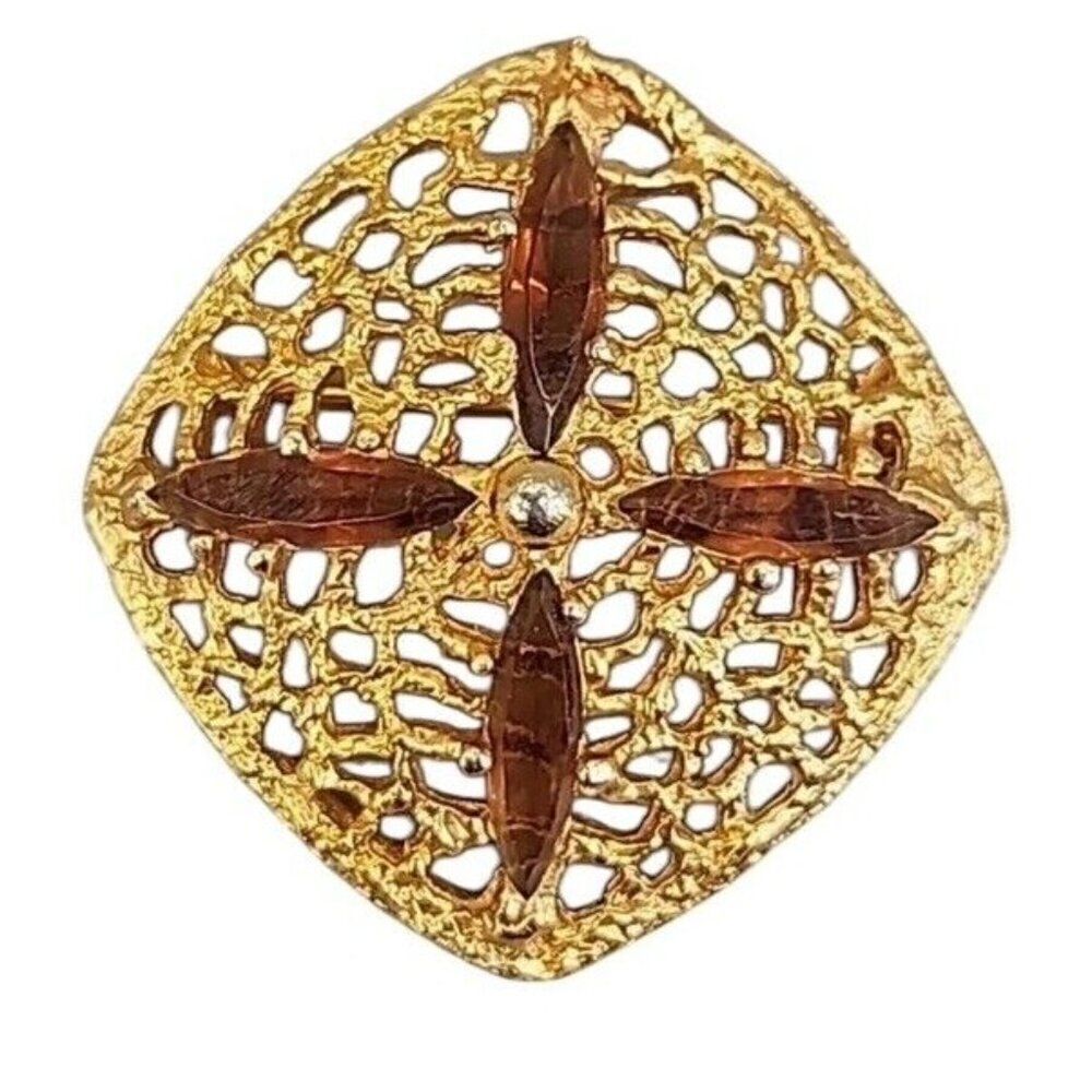 Gold Tone Sand Dollar Brooch Pendant Brown Amber Marquise Glass Open Work SHP